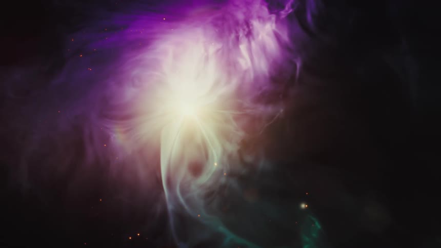 A bright celestial light shines from the center of a swirling purple and green nebula in deep space