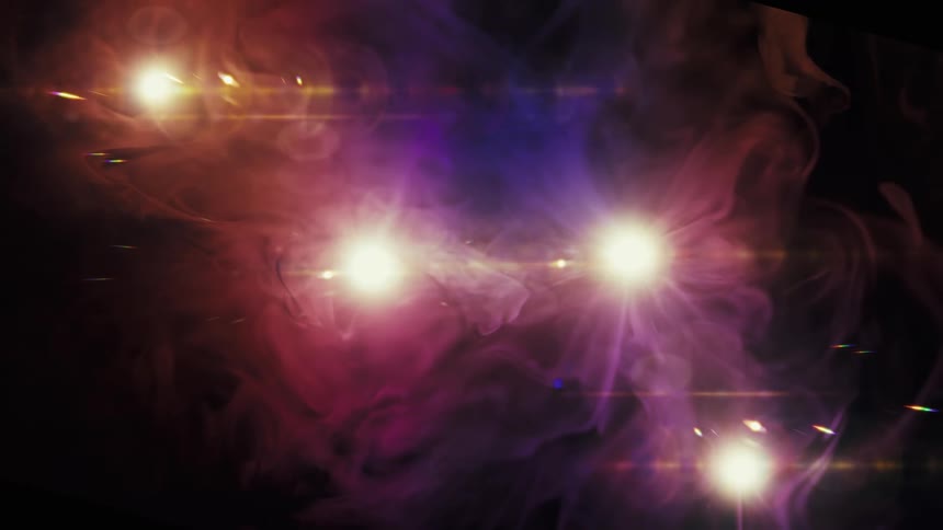 Abstract cosmic background with swirling purple and orange smoke and bright star-like lens flares