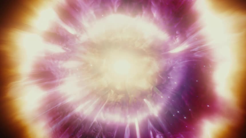 An abstract animation of a fiery, swirling cosmic event that transforms into a bright purple and yellow nebula