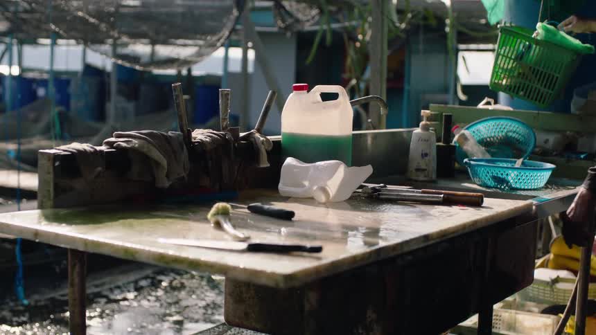 A worker cleans their workstation and tools at a bustling floating fish farm