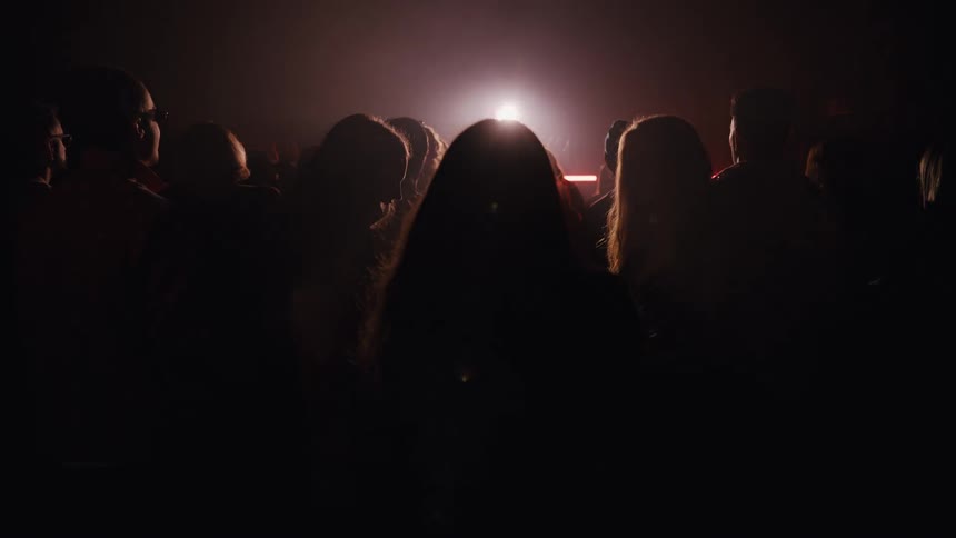 A crowd of silhouetted people dance in slow motion at a concert, backlit by a bright stage light