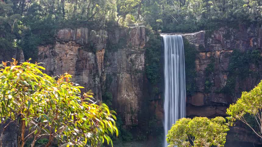 A serene timelapse captures a majestic waterfall cascading down a rocky cliff in a sunlit forest, with trees swaying gently in the foreground