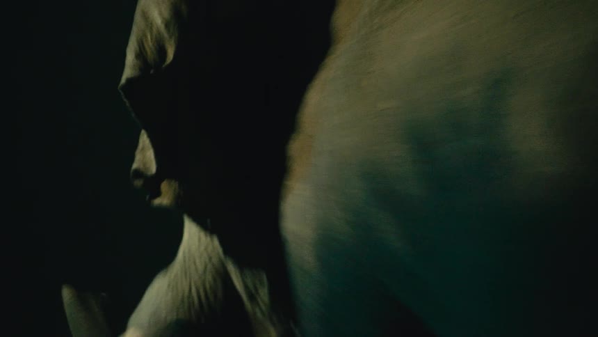 A shaky, handheld close-up of an elephant at night shrouded in darkness and dramatic lighting