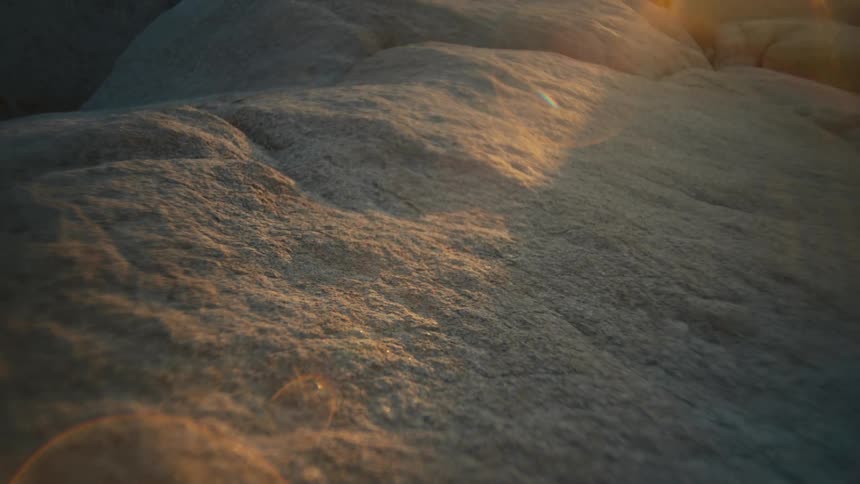 A slow-motion close-up pan across a textured rock surface as the golden hour sun creates a beautiful lens flare