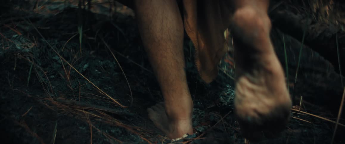 Slow motion close-up of a barefoot person walking through a dark, ashen forest