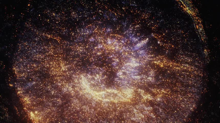 A swirling vortex of glowing golden particles forms an abstract cosmic cloud