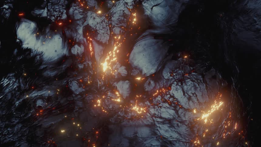 An abstract animation shows glowing embers flowing through a dark, rocky landscape