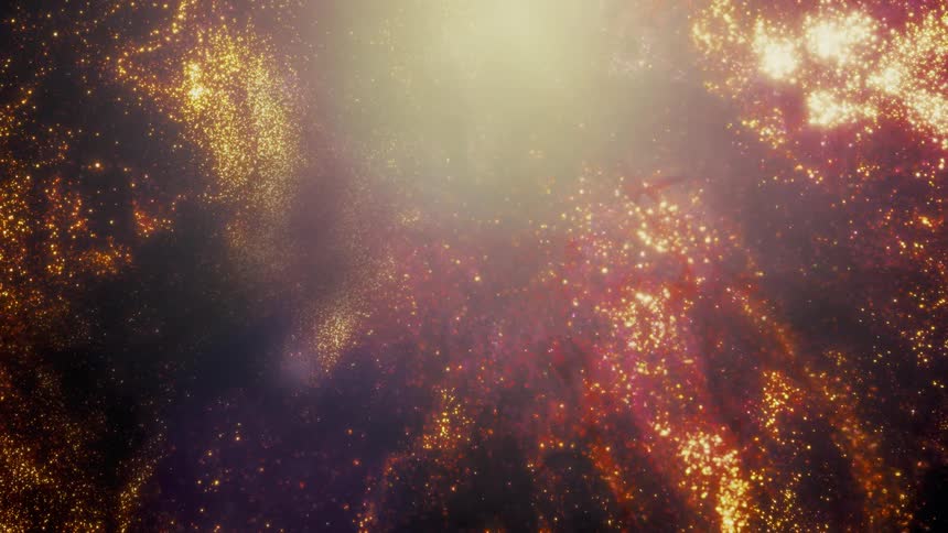 Warm golden and red star particles gently float through a cosmic nebula with a bright central light