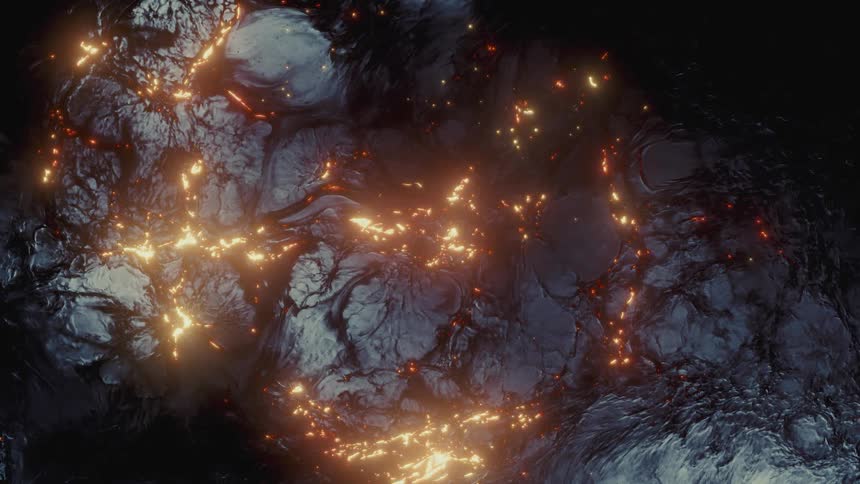 Abstract animation of glowing energy pulsing through the cracks of a dark, rock-like surface