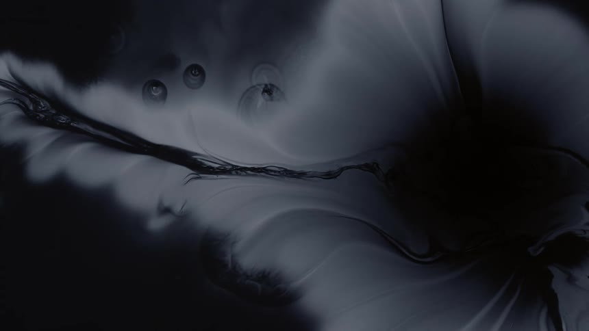 Slow-moving black ink bleeds across a gray liquid surface in an abstract macro shot