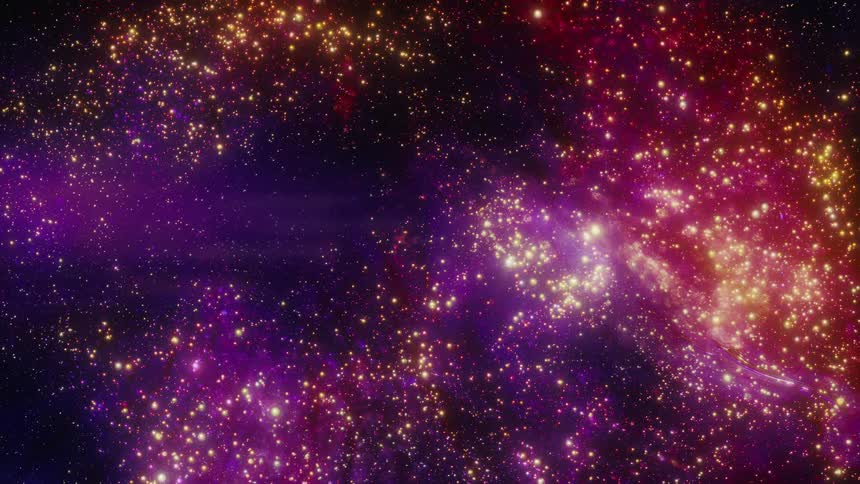 A slow journey through a vibrant purple and gold galaxy filled with twinkling stars and cosmic dust