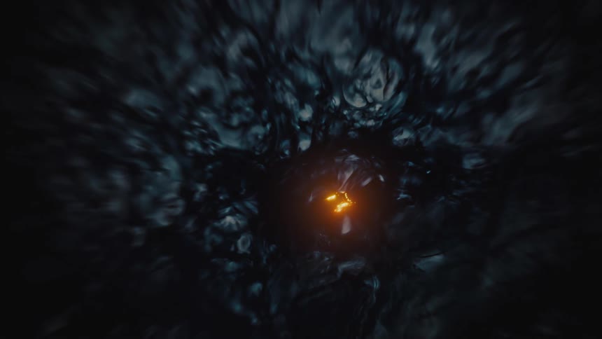 An abstract journey through a dark, swirling organic tunnel towards a single point of distant orange light