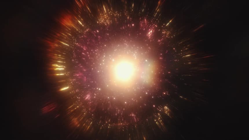A glowing starburst of gold and red particles radiates from a bright central light source against a dark background