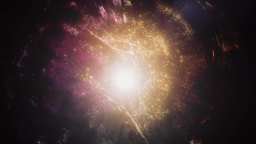 A vibrant and colorful cosmic nebula shimmers with golden and purple light in the vastness of deep space