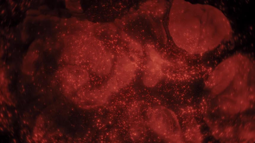 Glowing red particles slowly drift through a dark and smoky abstract cosmic background