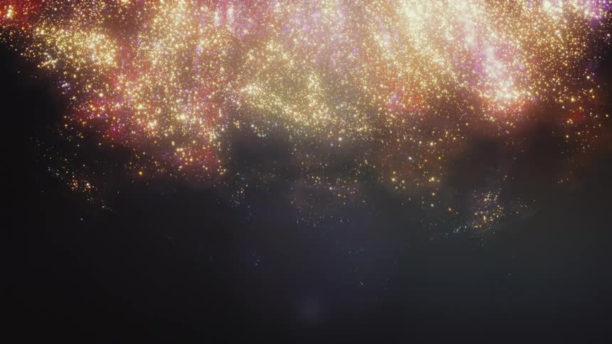 A celestial shower of shimmering gold and multi-colored glitter particles twinkles against a dark background as heavenly light rays appear