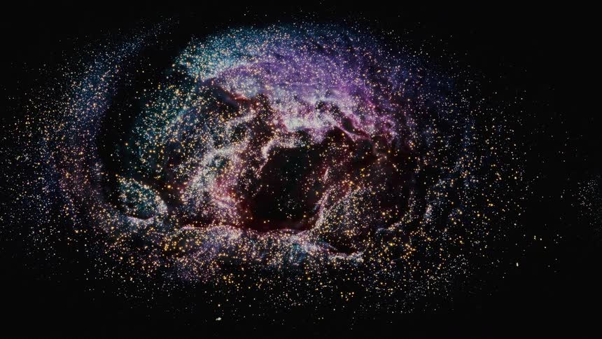 A mesmerizing animation shows countless stars and cosmic dust swirling together to form a vibrant, colorful nebula in the dark expanse of space