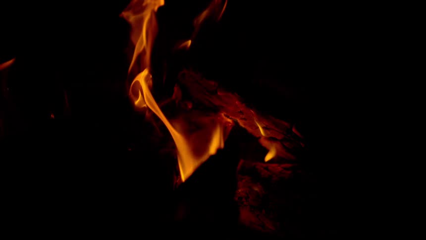 Slow-motion flames dance hypnotically over glowing logs against a dark black background