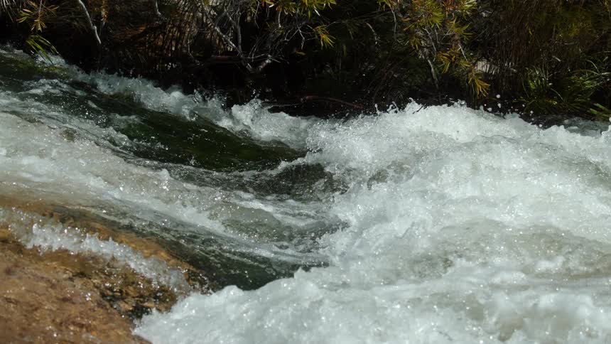 A super slow-motion close-up shot of a powerful river stream rushing over rocks in a sunny forest