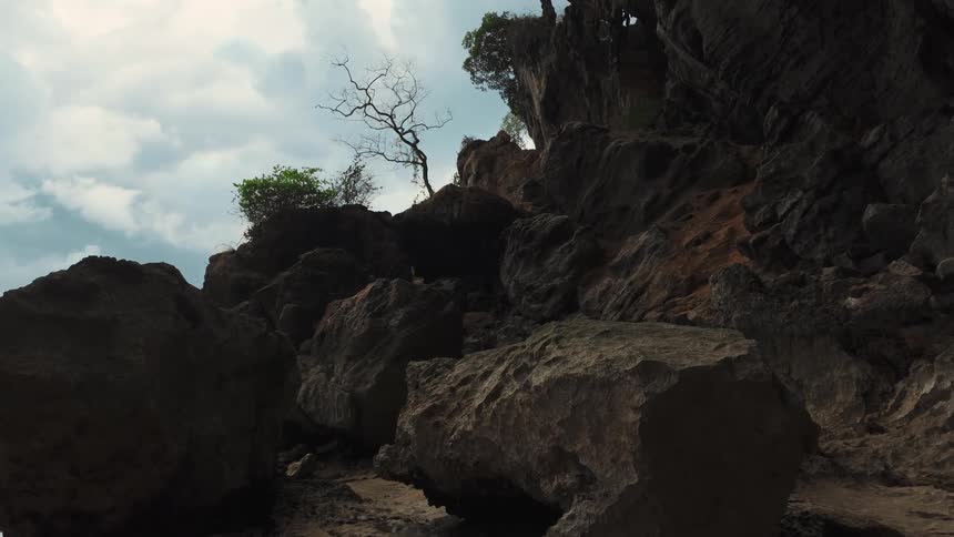 Dramatic low-angle view of a rugged rock cliff with a solitary bare tree against the cloudy sky