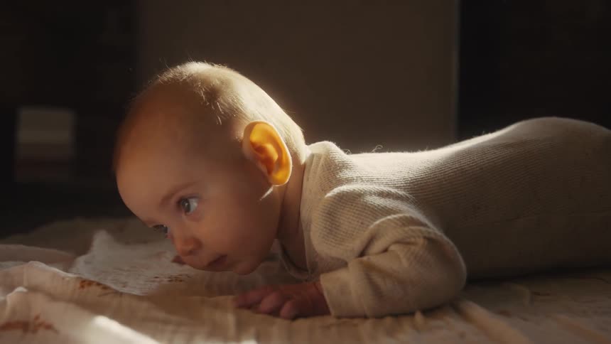 A sweet newborn baby in a white onesie tries to lift its head during tummy time and then rests in a sunbeam