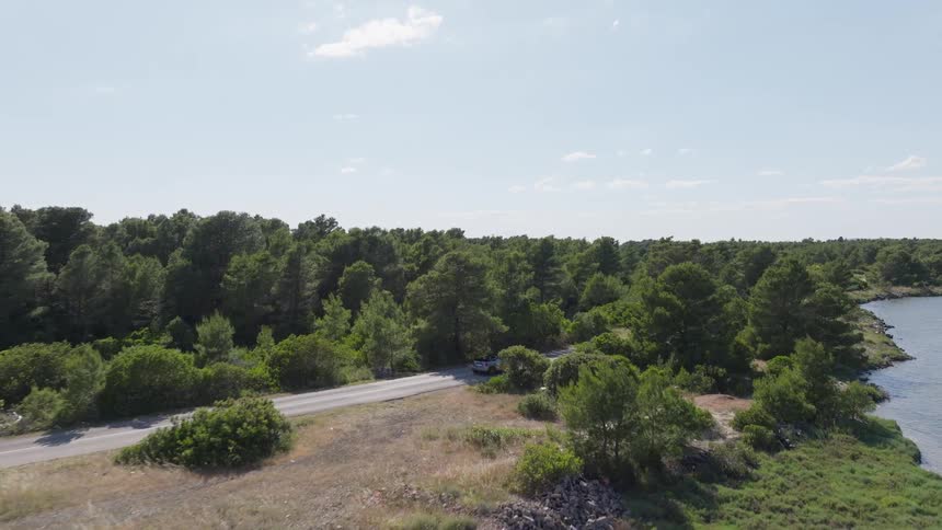 Aerial view of a convertible car and a motorcycle enjoying a scenic drive on a coastal road flanked by a lush green forest and the tranquil sea