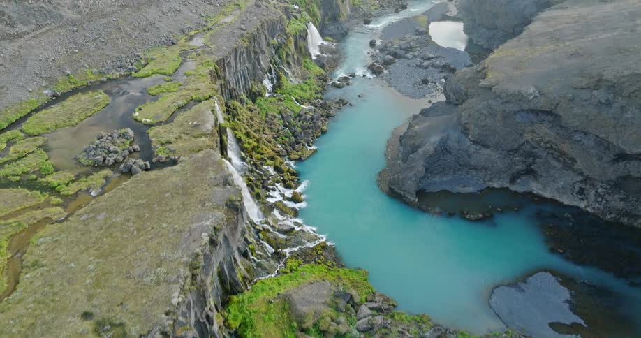 An incredible aerial view reveals multiple waterfalls cascading down mossy cliffs into a vibrant turquoise river carving through a vast Icelandic canyon