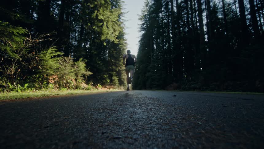 A determined male runner jogs down a remote forest road towards the bright light of the sun in a low-angle shot