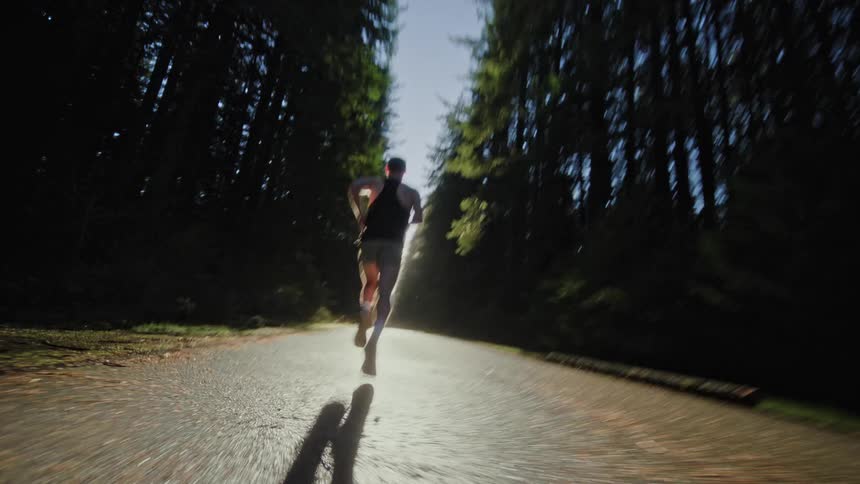 A fit male athlete runs at speed down a paved road through a dark forest, backlit by the bright sun creating a long shadow