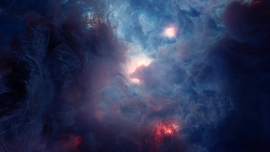 An immersive journey through a cosmic nebula filled with swirling blue and red gas and starlight