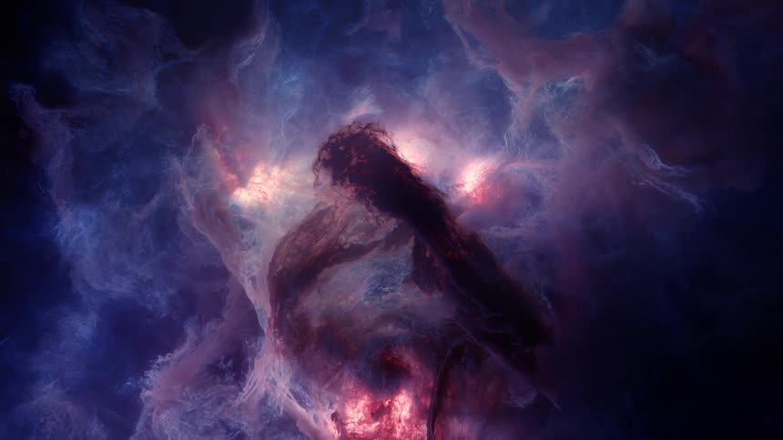 A majestic and colorful deep space nebula slowly churns as clouds of cosmic gas and dust expand and transform