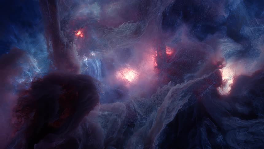 A vibrant cosmic nebula of swirling pink and blue gases slowly evolves in the vastness of deep space
