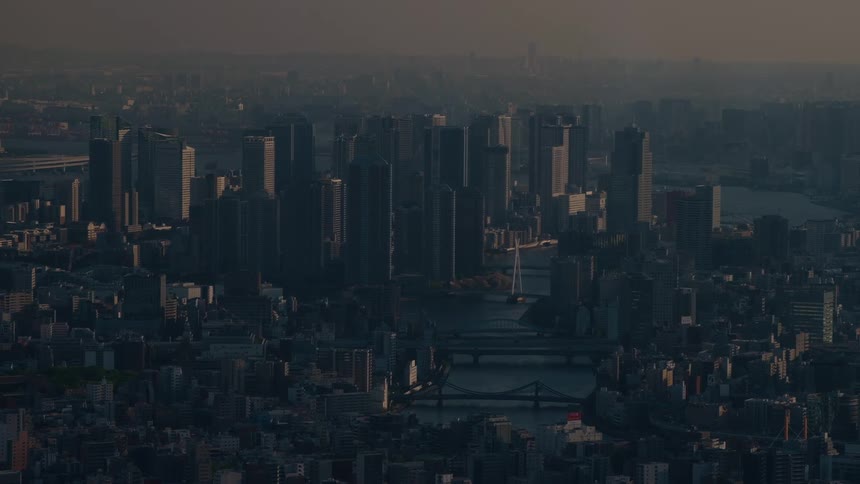 A sprawling aerial view of the Tokyo cityscape, where towering skyscrapers are cast in the shadows of a hazy, golden sunset