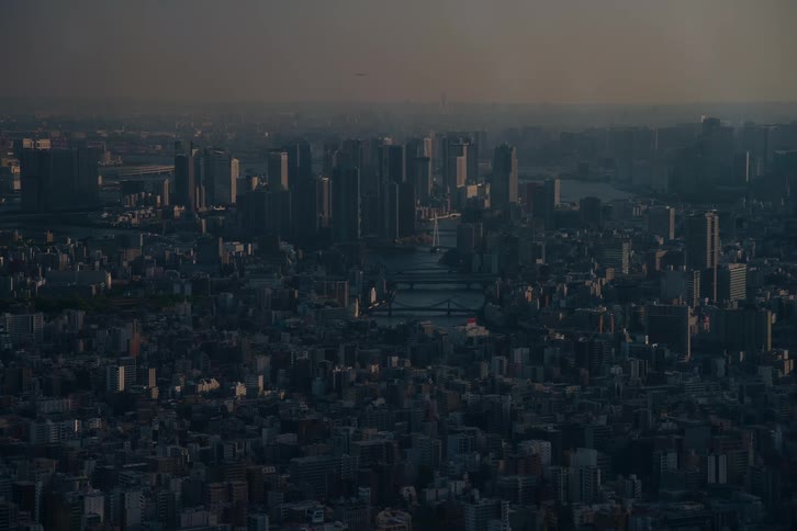 An expansive aerial view captures the sprawling cityscape of Tokyo as it sits in shadow under a hazy, dimming sky
