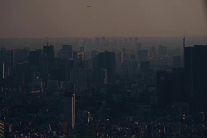 An airplane flies over the vast, hazy cityscape of Tokyo at dusk