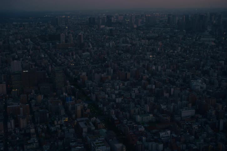 A vast cityscape sits in darkness at twilight as the first city lights begin to turn on for the night