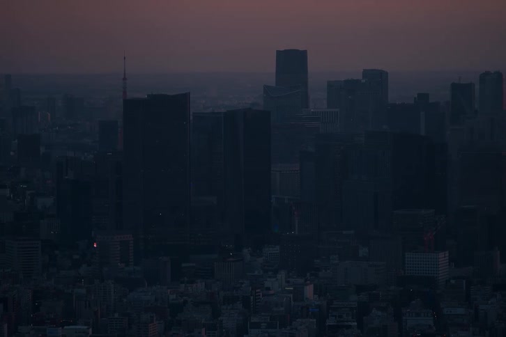 A still and hazy aerial view of the Tokyo, Japan skyline at dawn