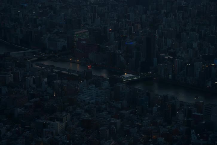 A sprawling, dark cityscape viewed from above at dusk, with lights from bridges and buildings reflecting on a wide river