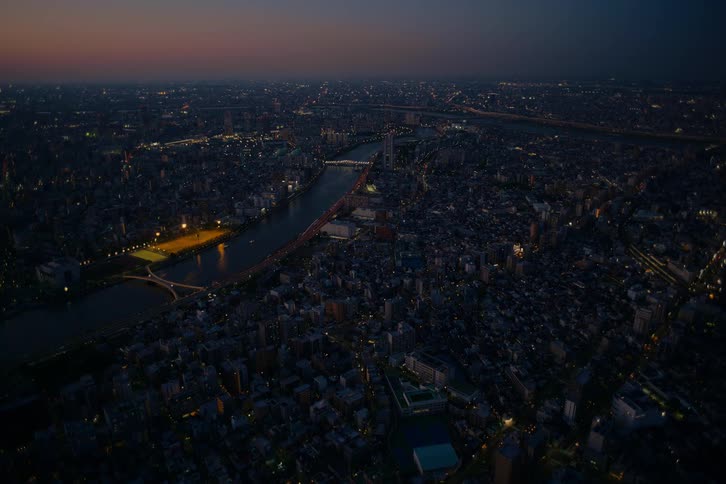 A stunning aerial view shows the sprawling cityscape of Tokyo at dusk, with millions of lights illuminating the metropolis as night falls