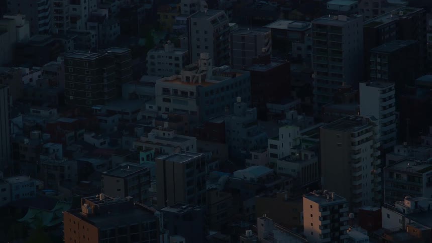 A static high-angle view captures the first light of dawn kissing the rooftops of a dense, quiet cityscape in Tokyo, Japan