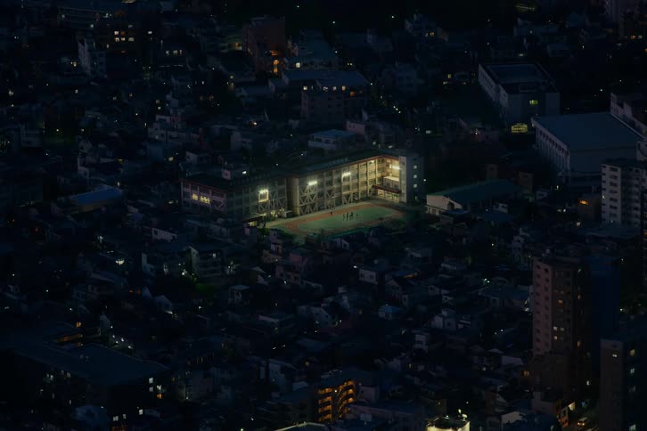 A solitary school is brightly illuminated for night practice, an island of light in the vast darkness of the surrounding city