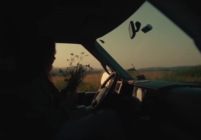 A person holds a bouquet of wildflowers while sitting in a van, silhouetted by the warm light of a sunset over a rural field