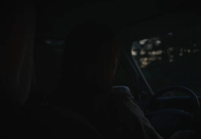 A woman's silhouette is seen from the back seat as she drives down a dark road at twilight