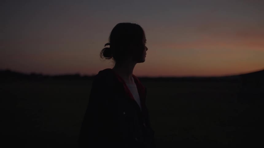 A silhouette of a woman with her hair in a bun stands in a field, looking at the colorful twilight sky after sunset