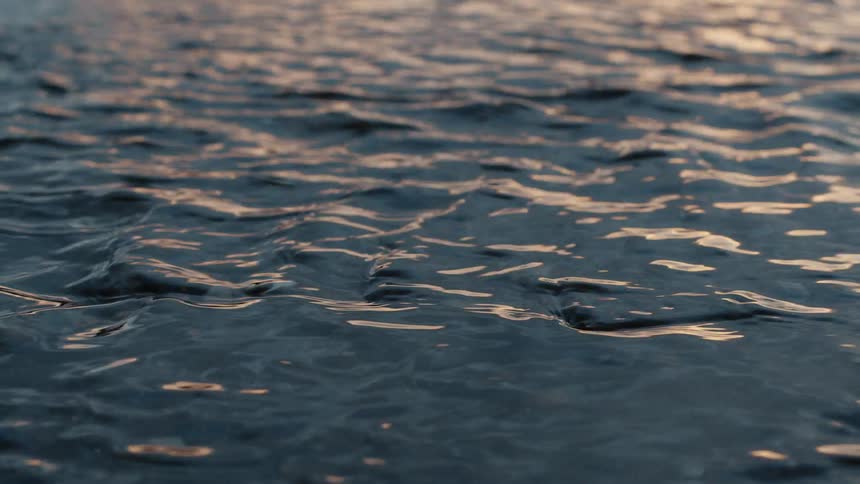 Slow-motion close-up of peaceful water ripples reflecting the golden light of sunrise or sunset