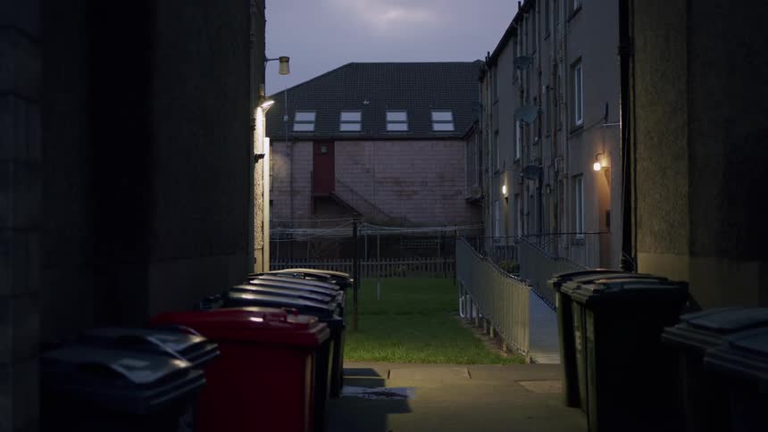 A dimly lit urban back alley is lined with trash cans leading to a grassy courtyard between apartment buildings at dusk