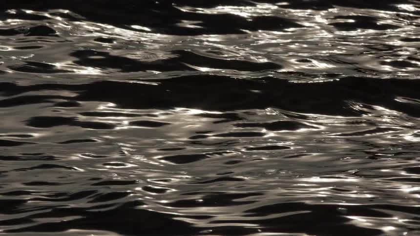 Sunlight glints and reflects off the surface of dark, rippling water in slow motion