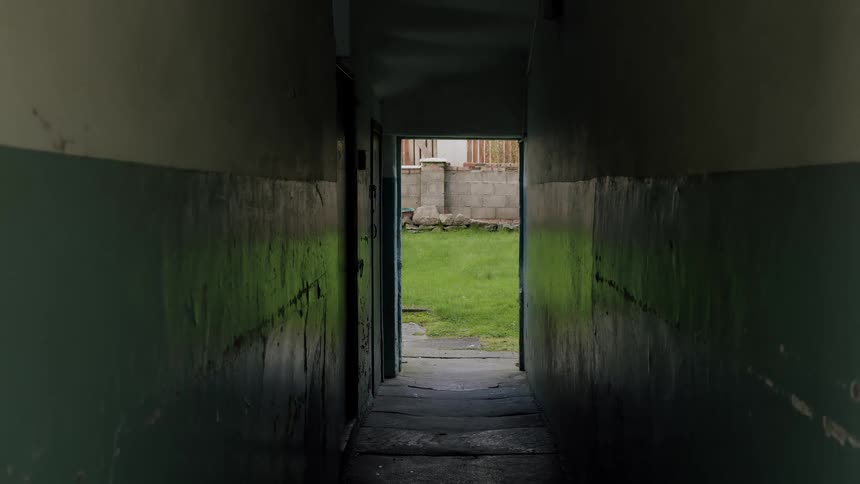 A view from inside a dark, decaying hallway looking out through an open doorway to a bright green lawn