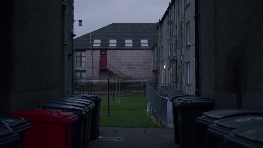 Trash bins line a dark alleyway leading to a grassy courtyard behind an apartment complex at dusk