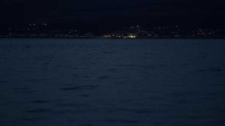 A serene view of gentle ocean waves at night with the lights of a distant coastal town twinkling on the horizon